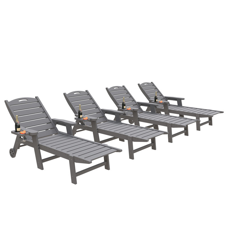 Oversized HDPE 5-Position Adjustable Outdoor Chaise Lounge Chair with Cup Holder Wheels,All-Weather Portable Reclining Patio Lounger for Deck,Poolside,Lawn,Garden,Backyard(Set of 4)