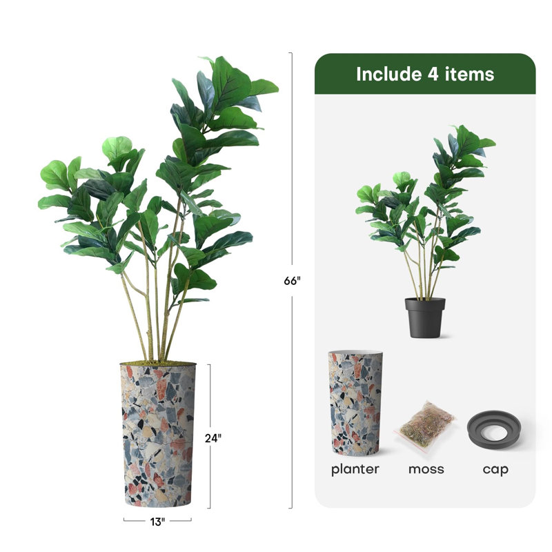 Arbre artificiel en pot moderne Ficus Lyrata, Gris clair, motif géométrique