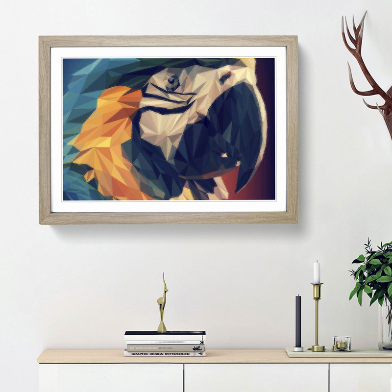 Geometric Macaw Parrot in Abstract - Picture Frame Graphic Art Print, 48cm H x 65cm W x 2cm D, Oak Framed