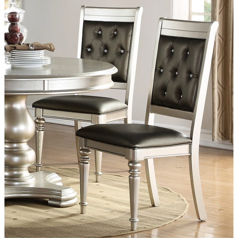 De 2 chaises de salle à manger, dossier luxueux avec accents argentés, coussin rembourré, gris et argent, bois d'hévéa, revêtement 2 pièces de style classique, siège, visibilité