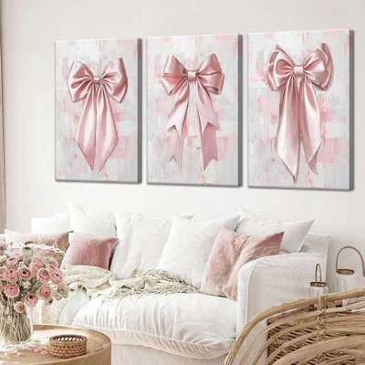 3Pcs Pink Bow Canvas Wall Art Trendy Coquette Preppy Bow Aesthetic Paintings Pictures Wall Decor Poster Print Artwork For Girls Room Bedroom Dorm Home Decoration