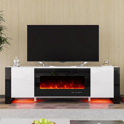 Meuble télé avec foyer blanc - foyer de 36 po avec lumières DEL, centre de divertissement moderne de 70 po avec portes ultrabrillantes et pieds en forme de U pour téléviseur de 80 po ou moins