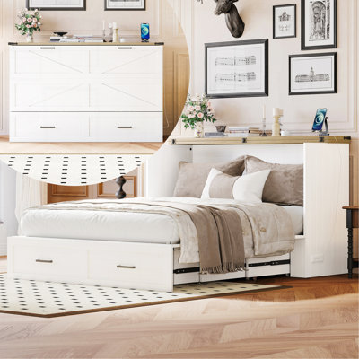 Grand lit escamotable style ferme avec station de charge, lit plateforme pliable avec grand tiroir de rangement pour chambre d'amis, petite chambre, blanc