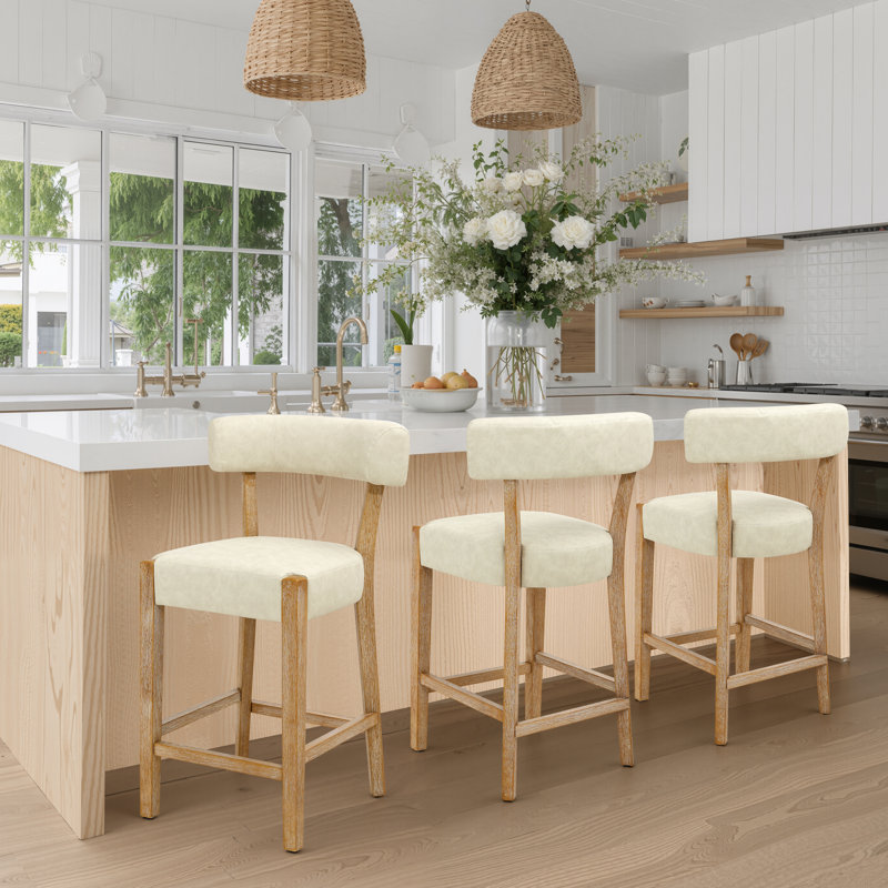 Tabouret de bar 26 po à hauteur de comptoir avec structure en bois massif, Similicuir beige / cadre naturel, 3