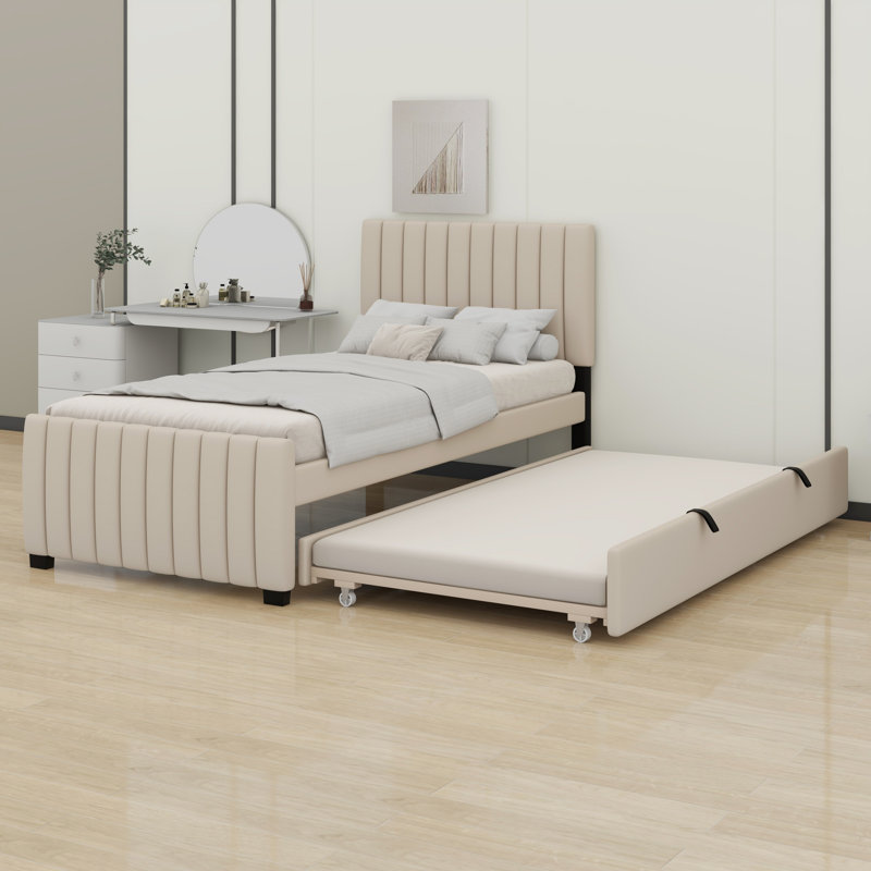 Lit plateforme tapissier avec lit gigogne, Beige