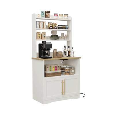 Tall Bakers Rack with Storage, Microwave Oven Stand and Pantry Hutch with Door, Thick Tabletop Versatile Shelf for Coffee Bar, Kitchen, or Dining Room