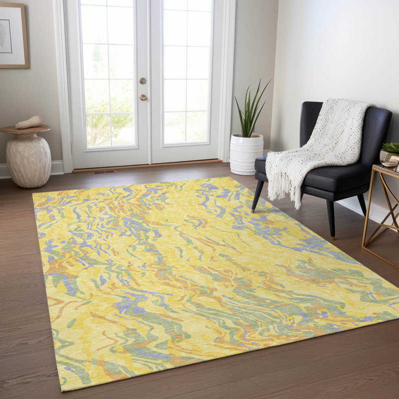Yellow Rectangular Flat Woven Synthetic Washable Rug, 46" x 30"