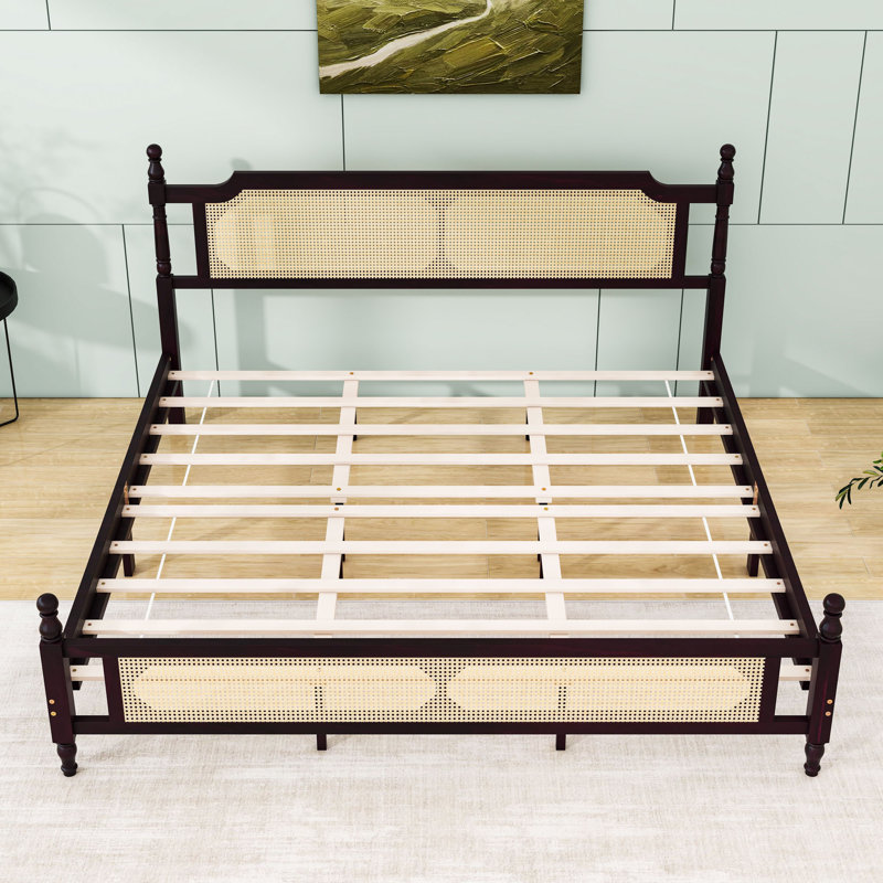 Lit plateforme en bois avec tête de lit en rotin et support central, Espresso, Très grand lit