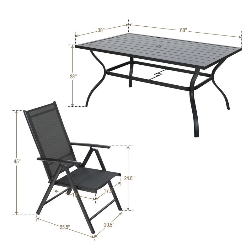 6 - Person Patio Dining Set with Rectangular Table, Horizontal, Black