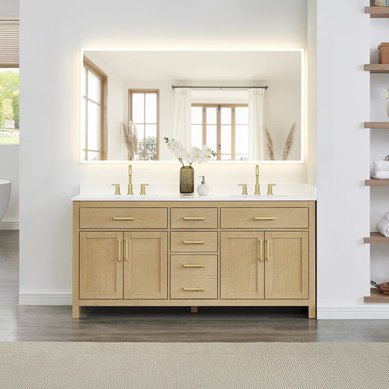 Beckett 72" Freestanding Double Bathroom Vanity with Quartz Top, Brushed Gold, White Quartz, Whitewashed Oak