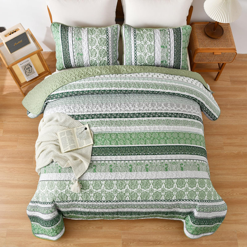 Ensemble de courtepointe 3 pièces Boho, Courtepointe pour lit grand + deux taies décorati, Vert olive