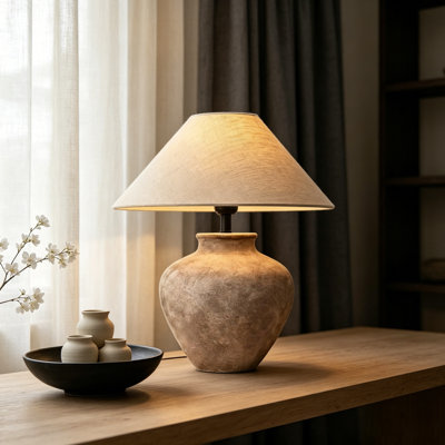 18in Rustic Ceramic Table Lamp, Vintage Clay Jar Bedside Lamp Accent Desk Lamp for Bedroom Entryway Decor