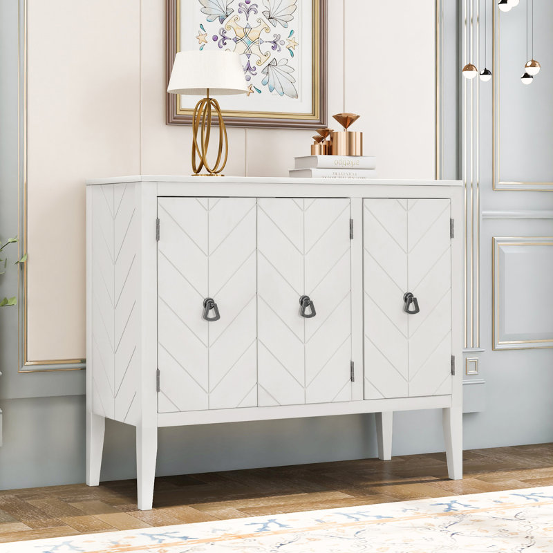 Buffet 37,02 po avec 3 portes, armoire de rangement en bois minimaliste rétro pour le salon et la cuisine, Blanc, crème