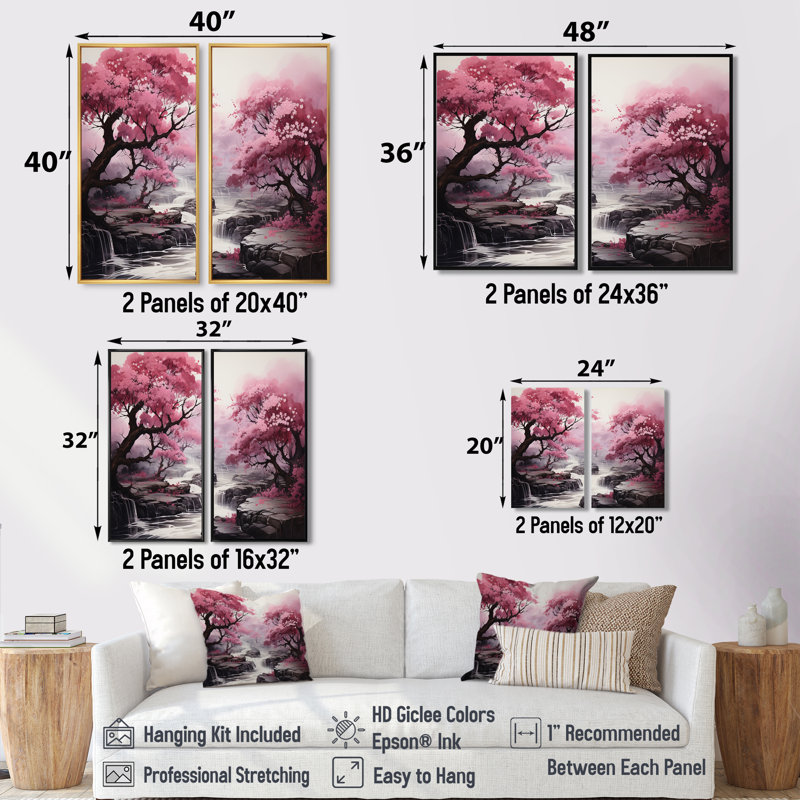 Décoration murale cascade rose arbres en cascade - paysages, H 32 po x l 32 po, Reproduction encadrée sans passe-partout