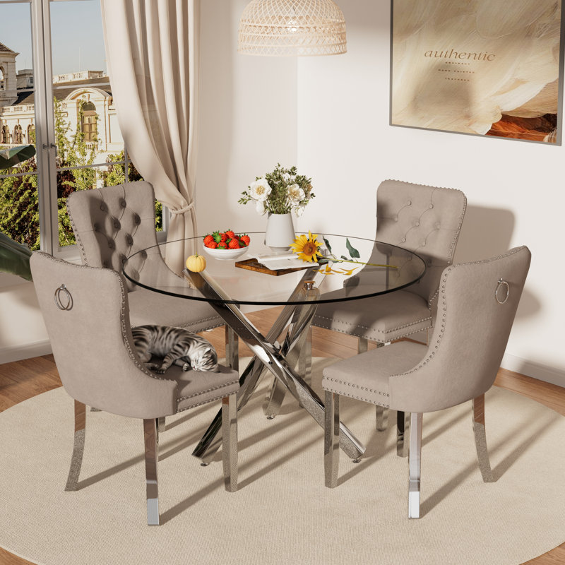 5-Piece Round Glass Dining Table Set, 29.5"H x 39"L x 39"W, Grey/Silver, Silver