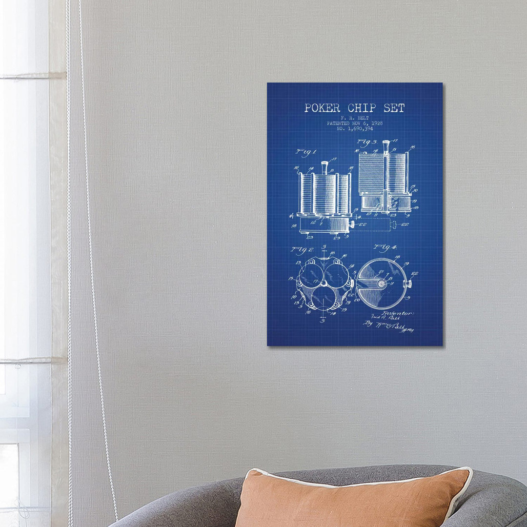 F.R. Belt Poker Chip Set Patent Sketch (Blue Grid) by Aged Pixel - Wrapped Canvas Art Prints