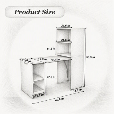Bureau pliable avec étagères de rangement et roulettes, blanc, pour petits appartements et bureaux
