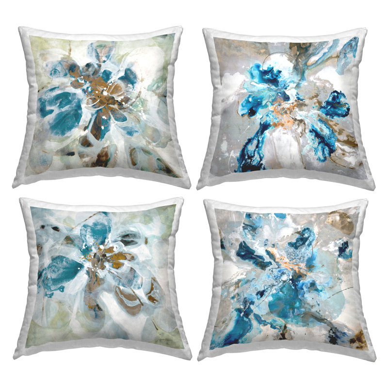 Coussin décoratif moderne à imprimé floral abstrait bleu par Liz Jardine (ensemble de 4)