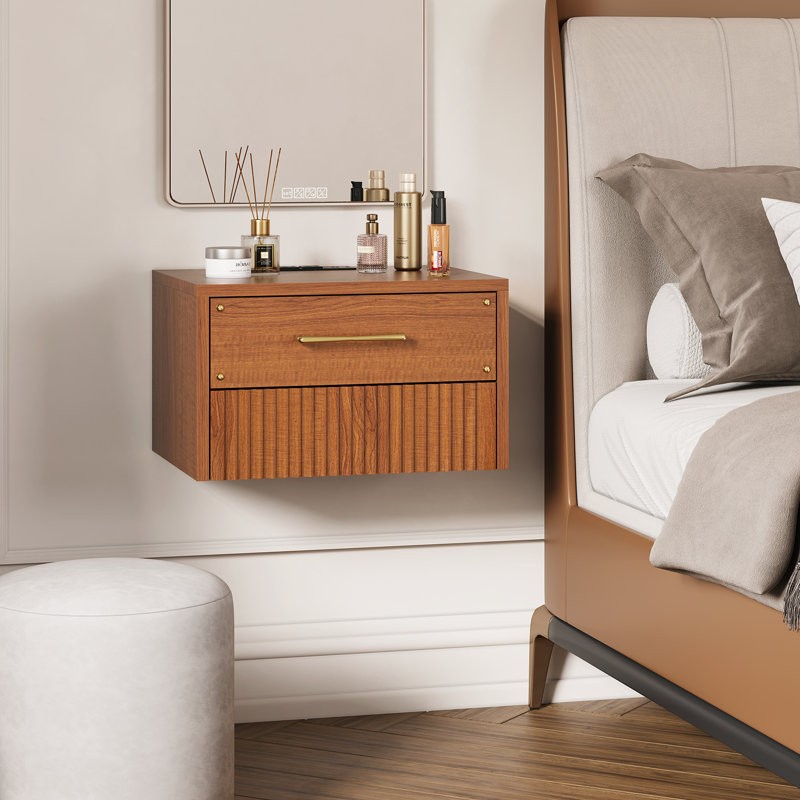 Mid Century Modern Floating Nightstand Set Of 2 With Charging Station, Wood Wall Mounted Bedside Table With 2 Storage Drawers & Fluted Decor For Bedroom, Home Small Space, Walnut, 2 Pcs
