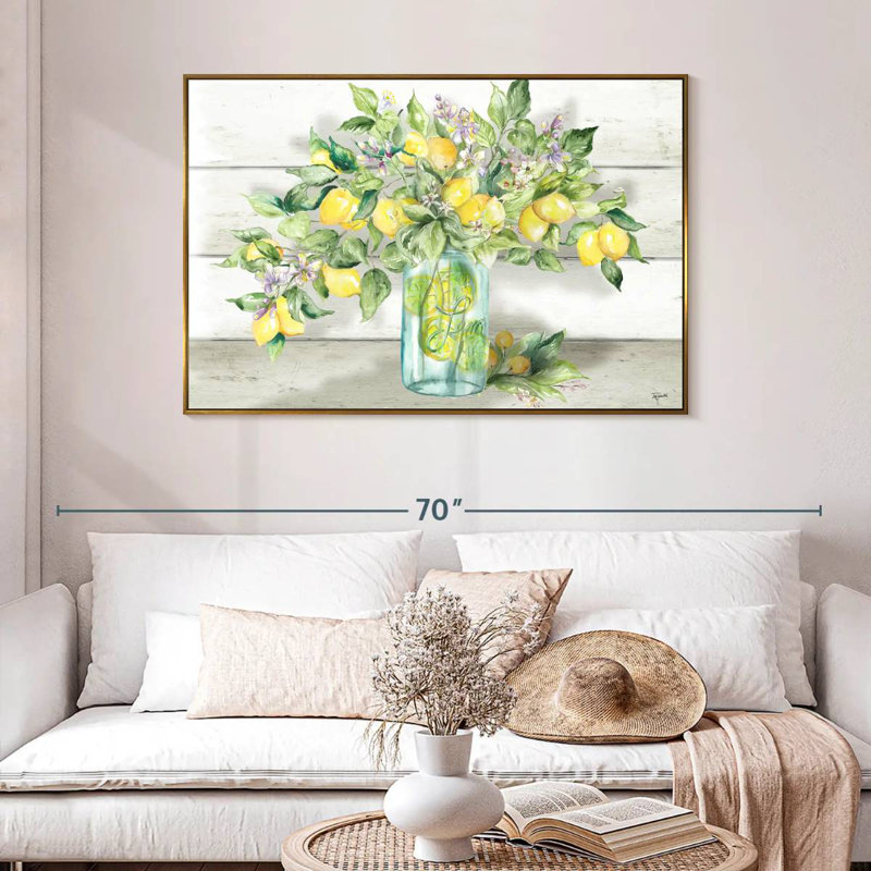 Aquarelle de citrons dans un pot Mason, 46 po x 31 po, Cadre flottant doré