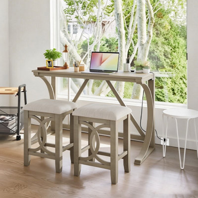 Ensemble de salle à manger à hauteur de comptoir 3 pièces, ensemble de table de salle à manger en bois avec port USB et 2 tabourets rembourrés pour petits espaces
