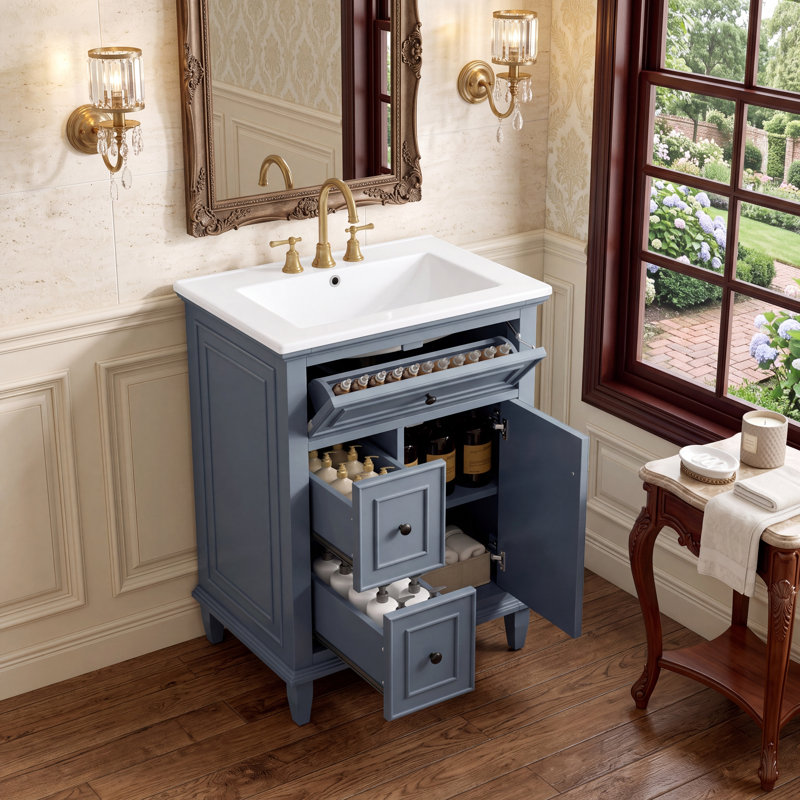 Armoire de rangement avec lavabo, tablette réglable et tiroirs multiples, Bleu gris, 24"