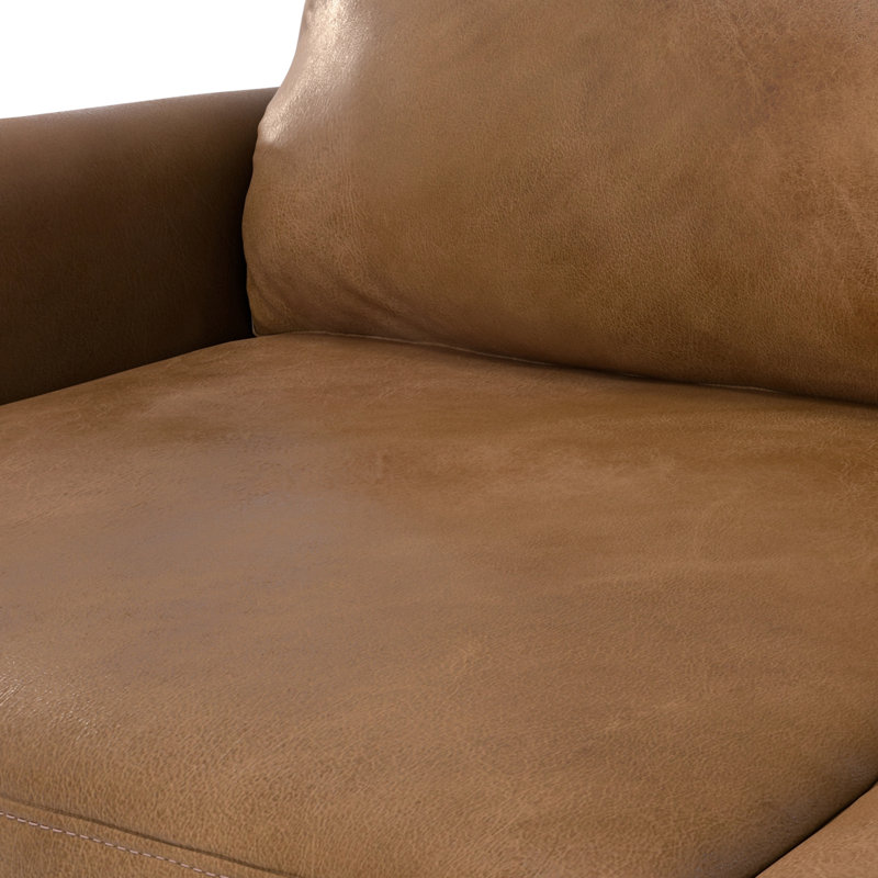 Caramel Brown Genuine Leather Mid-Century Modern Sofa with Removable Cushions