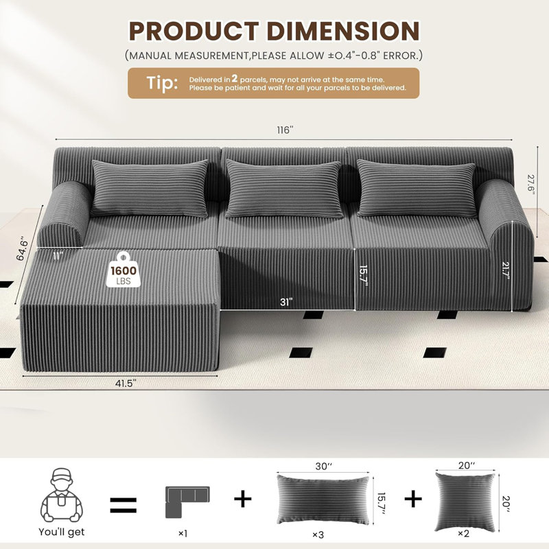 Canapé modulaire 116 po Cloud Couch, Gris