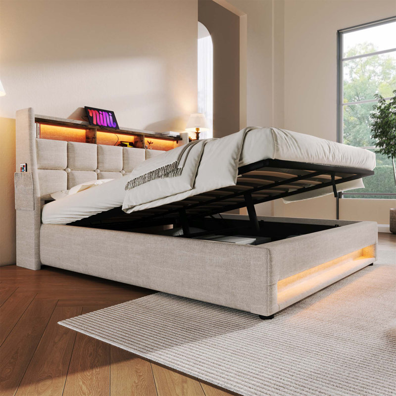 Queen Size Upholstered Platform Bed With A Hydraulic Storage System, LED And USB Charging, Natural, Full
