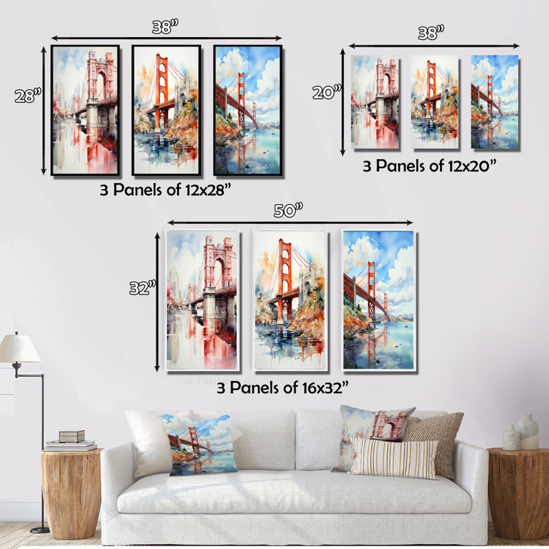 " Red Bridge Architectural Marvel " 3 - Pieces, Gold Framed, 20" H x 36" W
