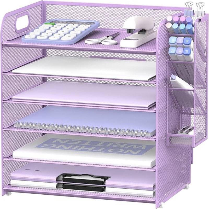 Organisateur de papier à 6 niveaux avec 4 porte-stylos, plateau à lettres en filet et poignée, Mauve