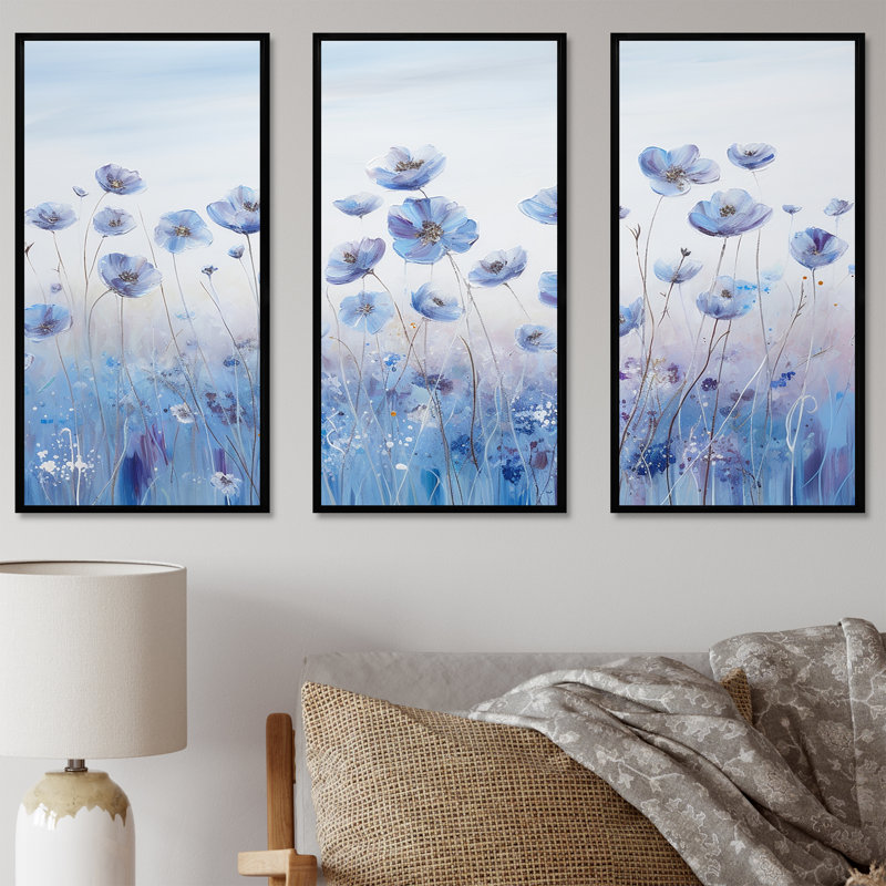 Divine cornflowers Blooming Field IV - Ensemble d'art mural champ de fleurs, Cadre flottant noir, H 32 po x l 48 po x P 1 po