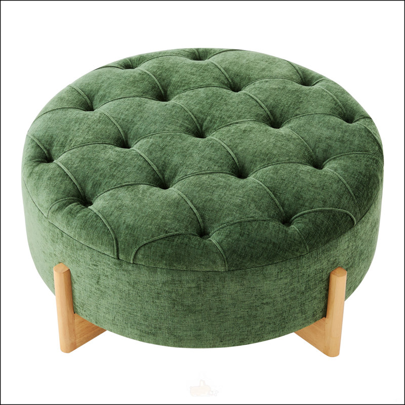 Repose-pieds rond capitonné avec pieds en bois massif, table basse moderne et repose-pieds en chenille pour le salon, Vert