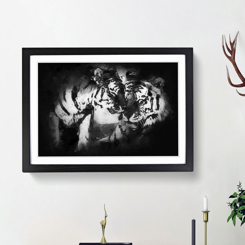 Two Snuggling Tigers in Abstract - Picture Frame Painting Print on MDF, 62cm H x 87cm W x 2cm D, Black Framed