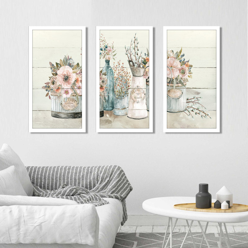 «Flower Market» par Carol Robinson - peinture encadrée 3 pièces, L 52,5 po x H 33,5 po x P 1 po