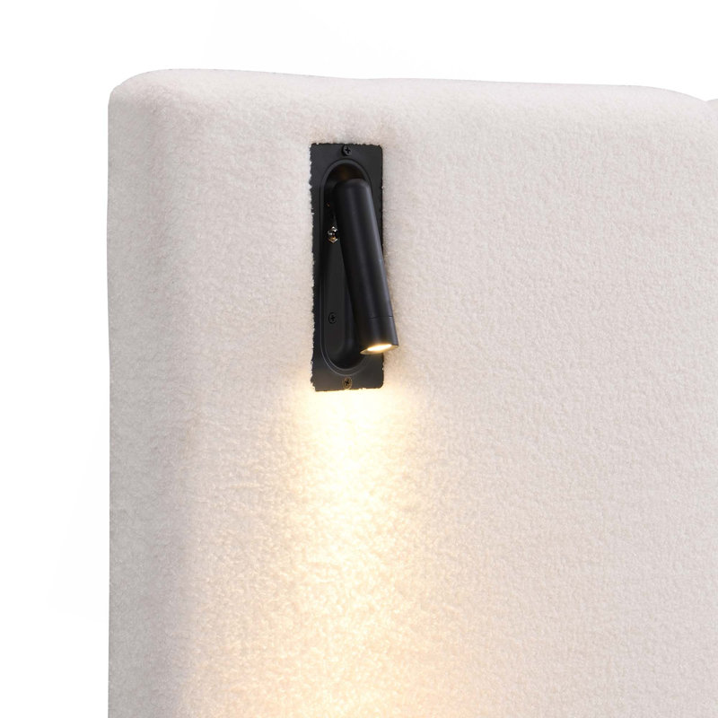 Lit rembourré avec lumières et tablettes intégrées, Blanc, Très grand lit