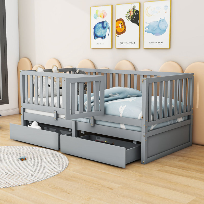 Lit de rangement en bois avec garde-corps et 2 tiroirs, Simple, gris