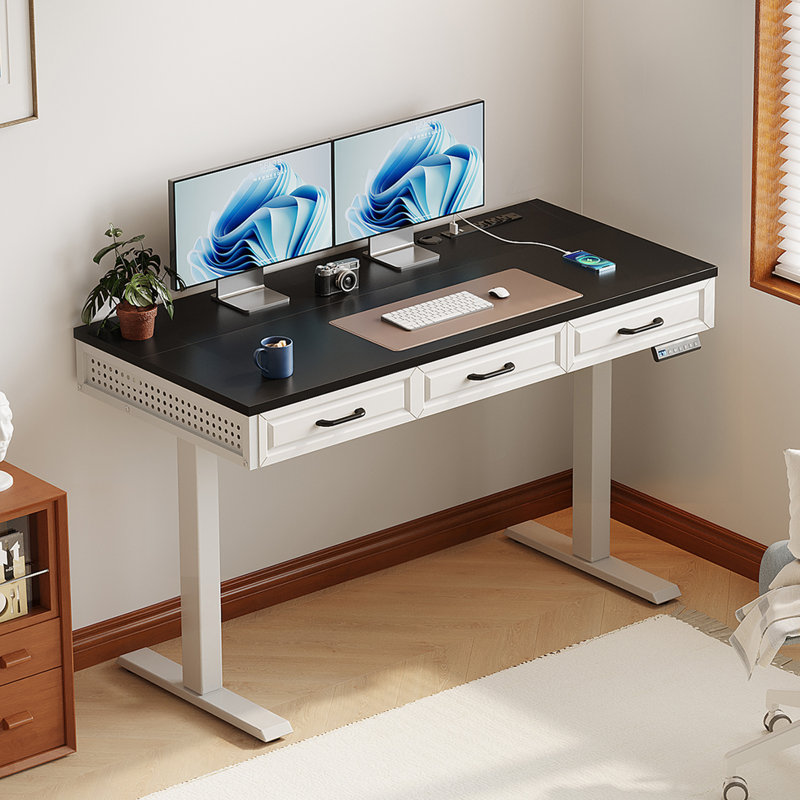Height Adjustable Standing Desk With Integrated Charging Station, Electric Standing Desk With Three Wooden Drawers, Standing Desk With Memory Controller