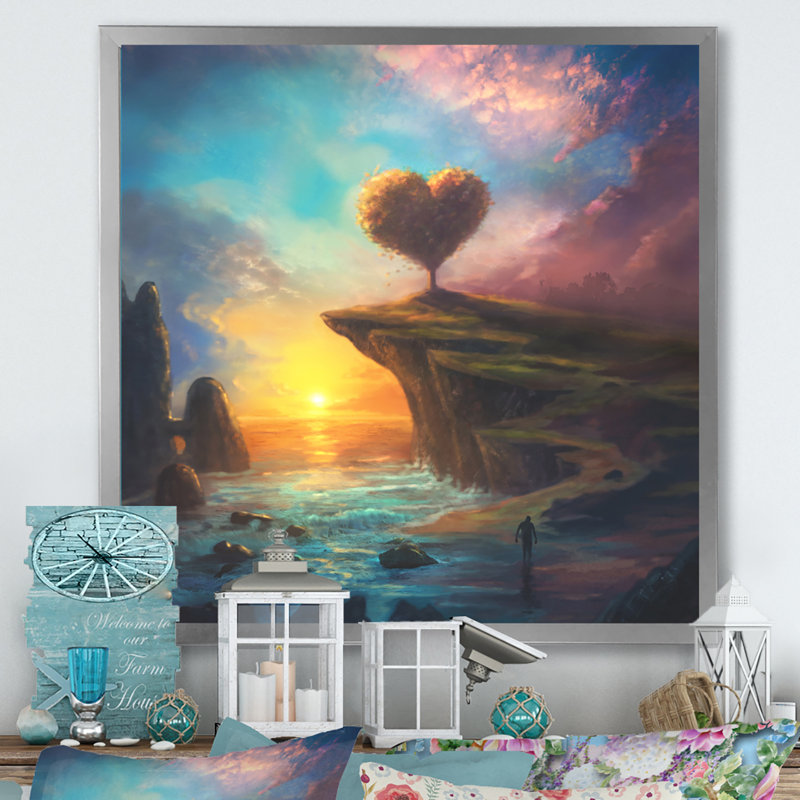 Cœur, paysage coucher de soleil - On, H 16 po x l 16 po x P 1 po, Impression argent sur toile encadrée