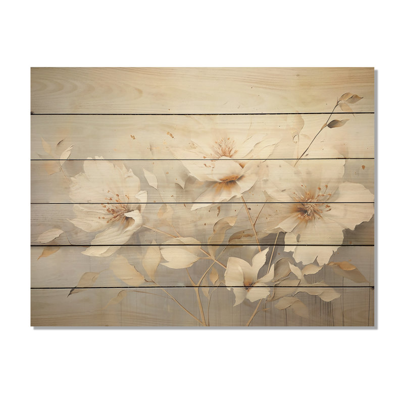 Beige fleurs saisonnières simples - fleurs saisonnières, art sur bois de pin naturel, H 10 po x l 20 po
