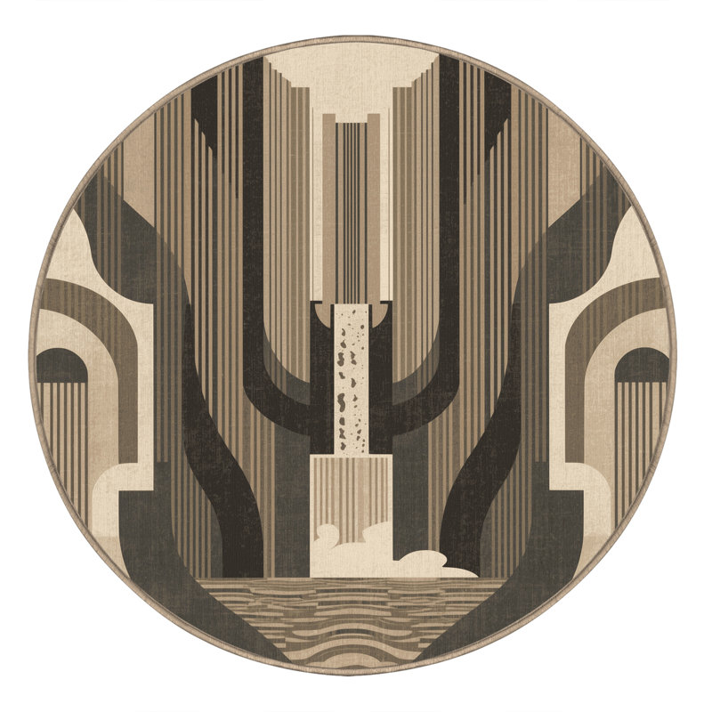 Tapis art déco lavable à la machine Panameno - beige, Rond 7 pi