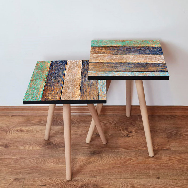 Modern Nesting Tables (2 Pieces), Green & Navy Blue, 13.8 x 18.5 x 13.8 inches | 100% MDF with Beech Wood Legs, Thickness: 0.7 inches | Scandinavian Geometric Design, Perfect for Stylish Living Room & Home Decor