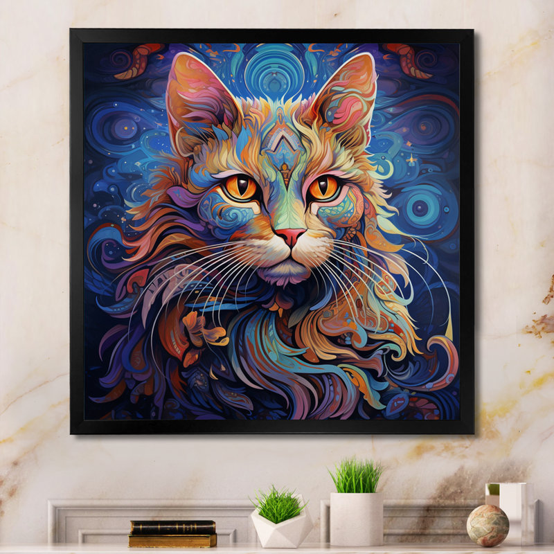 Chat cosmique avec regard mystérieux - imprimé, H 24 po x l 24 po x P 1 po, Cadre simple noir