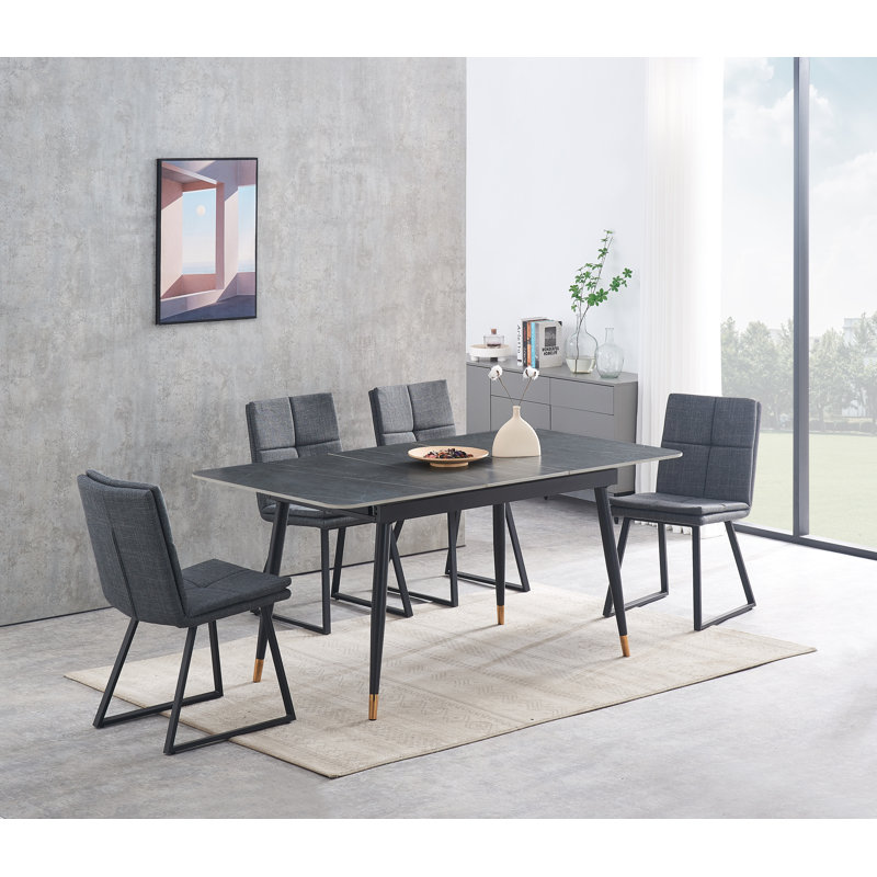 Extendable Stone Top Metal Base Dining Table, Dark Grey