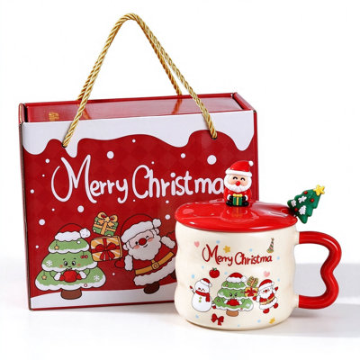 Christmas Ceramic Mug with Lid Spoon Cute Santa Snowman Xmas Coffee Cup Gift Box Packaging Holiday Present for Women Family