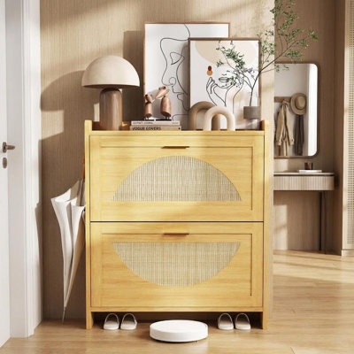 Shoe Cabinet with 2 Flip Drawers, Narrow Shoe Cabinet Storage with Rattan Doors for Entryway, MDF Freestanding Shoe Storage Cabinet