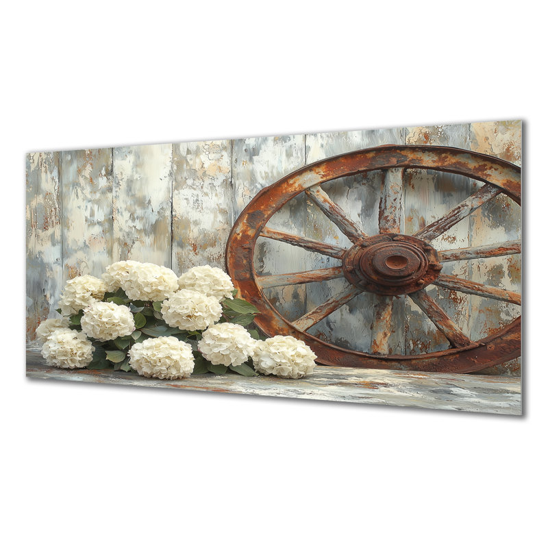 «Hydrangea by the Wagon Wheel», décoration murale en métal hydrangée, reproduction d'art traditionnelle en métal