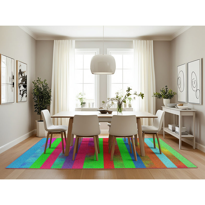 Tapis rayé rouge / vert / bleu Elloree, Rectangle 7 pi x 10 pi