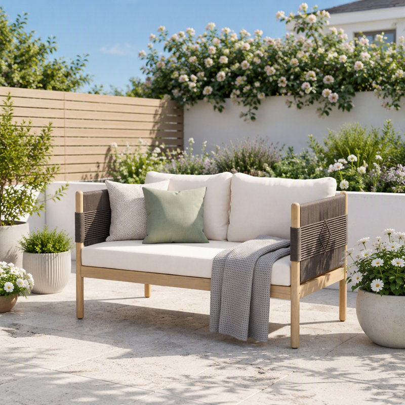 Causeuse d'extérieur en bois d'acacia avec tissage en corde de diamant et coussins confortables, parfaits pour les patios et les terrasses