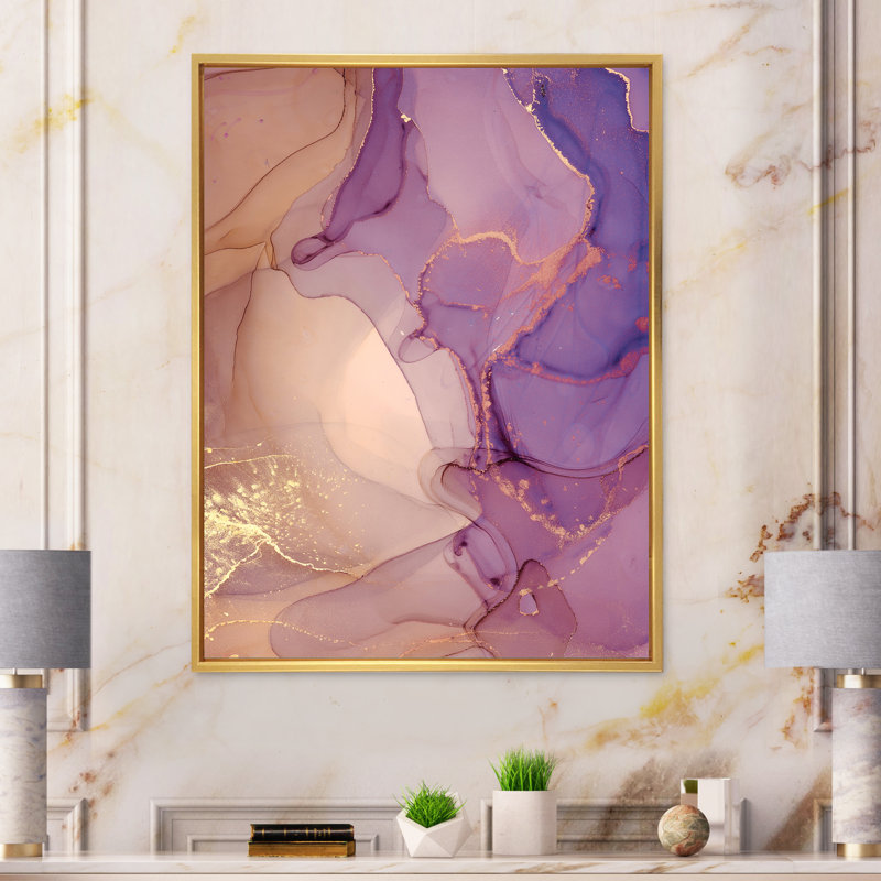 Nuage d'encre de marbre mauve et jaune - peinture sur toile, H 40 po x l 30 po x P 1,5 po, Cadre flottant doré